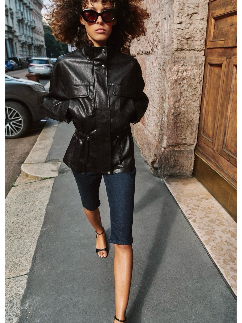 Zara Black Faux Leather Drawstring-Waist Jacket